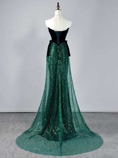 Robe de bal longue plissée vert foncé à paillettes, sans bretelles, style sirène, N850