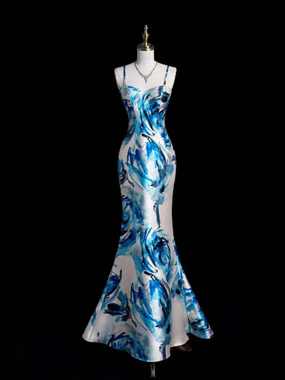 Elegantes Retro-Meerjungfrauenkleid mit Spaghettiträgern, floralem Muster, blauem Satin, 1950er-Jahre-Stil, Ballkleid, Abendkleid N853