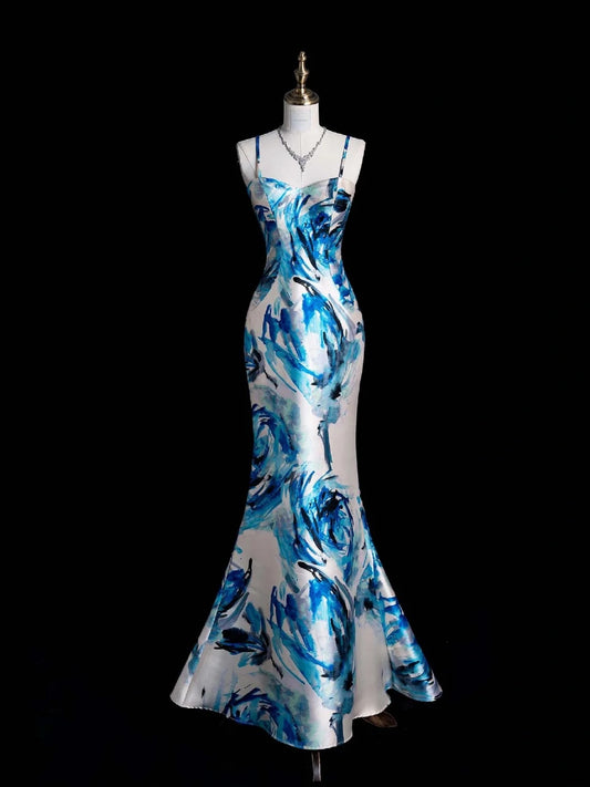 Elegantes Retro-Meerjungfrauenkleid mit Spaghettiträgern, floralem Muster, blauem Satin, 1950er-Jahre-Stil, Ballkleid, Abendkleid N853