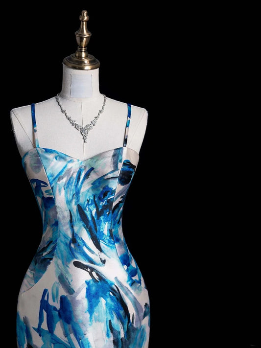 Elegantes Retro-Meerjungfrauenkleid mit Spaghettiträgern, floralem Muster, blauem Satin, 1950er-Jahre-Stil, Ballkleid, Abendkleid N853