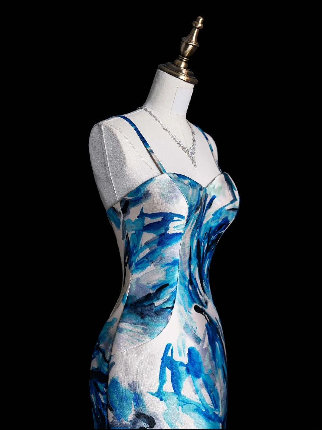 Elegantes Retro-Meerjungfrauenkleid mit Spaghettiträgern, floralem Muster, blauem Satin, 1950er-Jahre-Stil, Ballkleid, Abendkleid N853