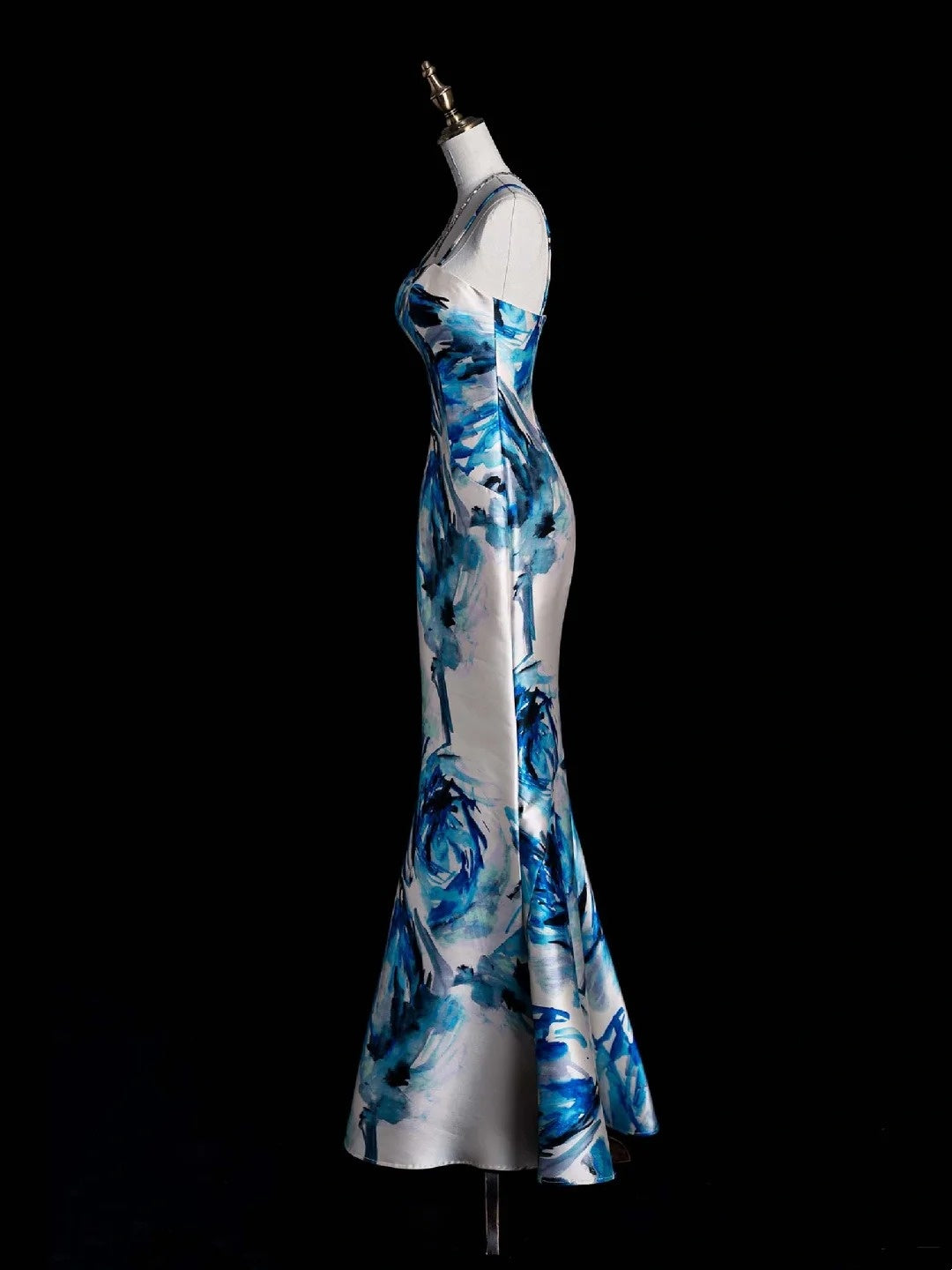 Elegantes Retro-Meerjungfrauenkleid mit Spaghettiträgern, floralem Muster, blauem Satin, 1950er-Jahre-Stil, Ballkleid, Abendkleid N853