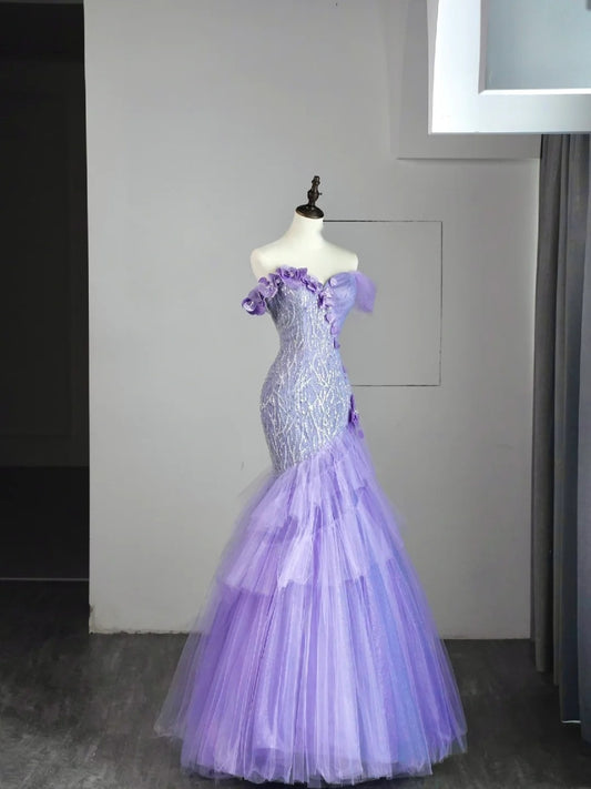 Elegantes, schulterfreies, langes Meerjungfrauen-Abendkleid aus lila Tüll – perfekt für Partys, den 21. Geburtstag oder als Abschlusskleid (Modell N851).
