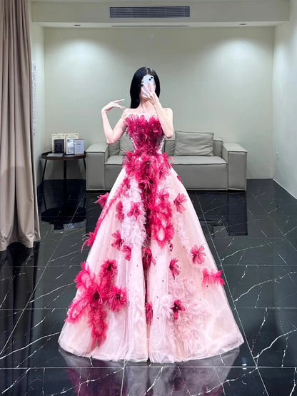 Elegantes, trägerloses Ballkleid mit rosa Blumen aus Tüll, langes Abendkleid, Partykleid zum 21. Geburtstag, Abschlusskleid N855