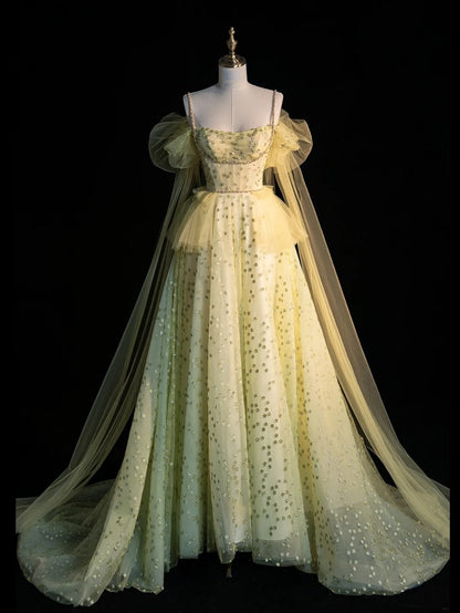 Princess Ball Gown Spaghetti Strap Yellow Tulle Long Prom Dresses Party Dress 21st Birthday Outfits Graduation Gown N856