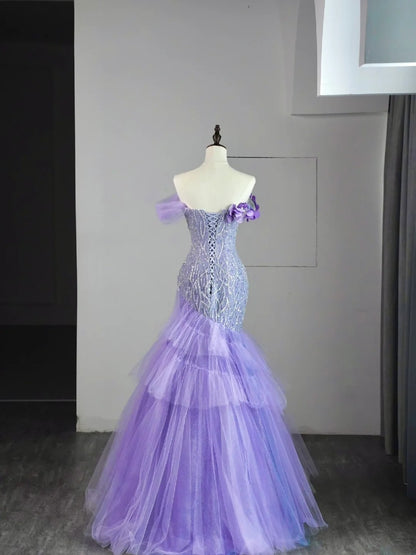 Robe de bal longue en tulle lilas, épaules dénudées, style sirène, N851