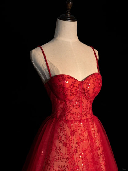 Princess Ball Gown Spaghetti Strap Sequin Red Tulle Long Prom Dresses Party Dress 18th Birthday Outfits Graduation Gown N860