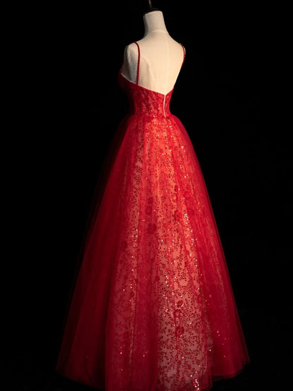 Princess Ball Gown Spaghetti Strap Sequin Red Tulle Long Prom Dresses Party Dress 18th Birthday Outfits Graduation Gown N860