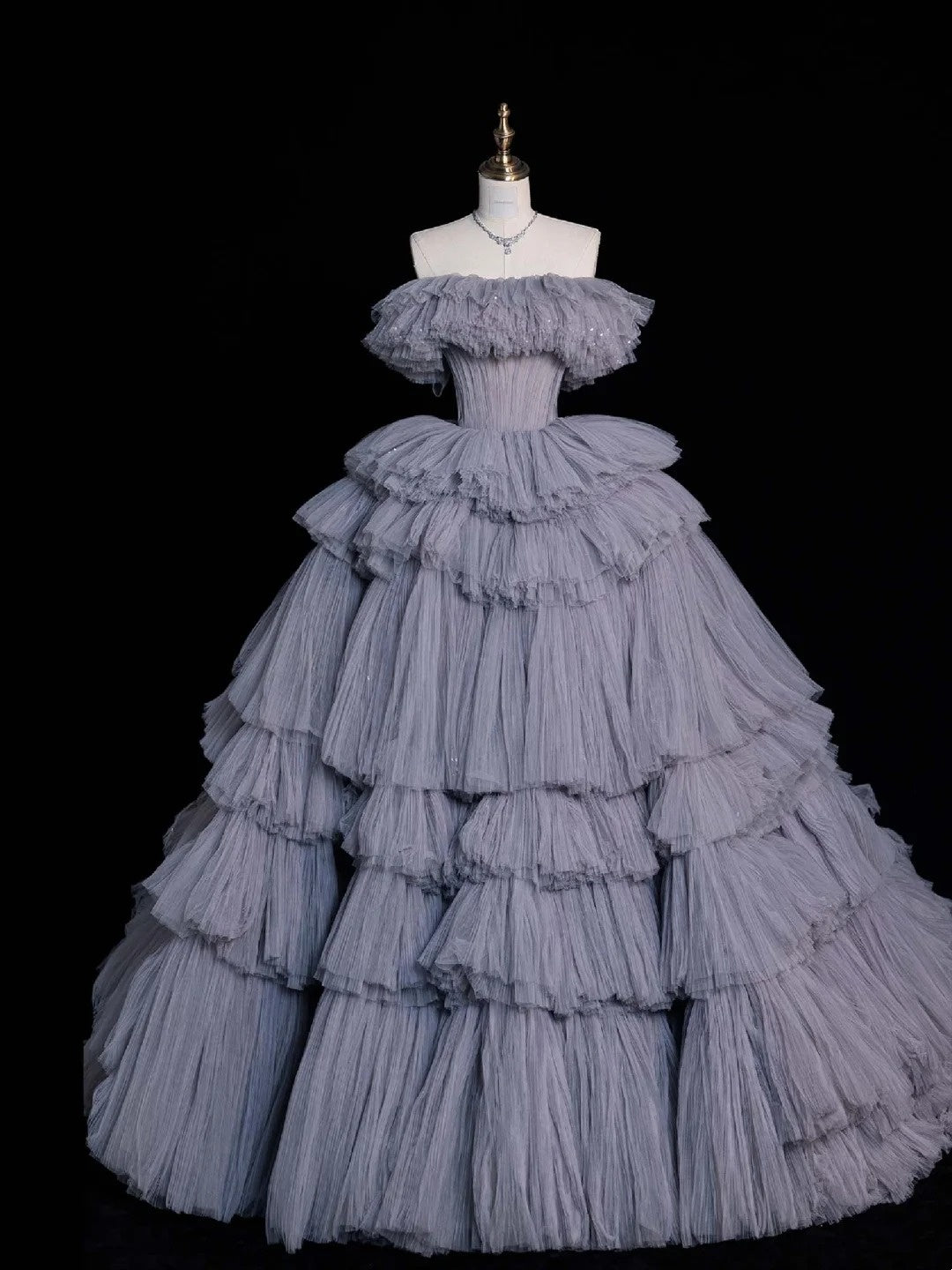 Modest Ball Gown Off The Shoulder Grey Tulle Long Prom Dresses Party Dress 21st Birthday Outfits Graduation Gown N852