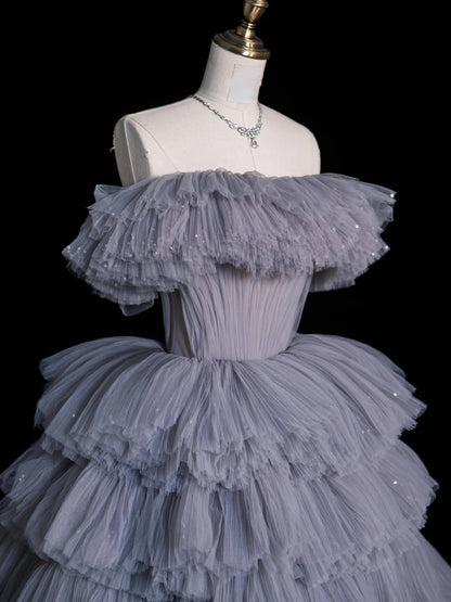 Modest Ball Gown Off The Shoulder Grey Tulle Long Prom Dresses Party Dress 21st Birthday Outfits Graduation Gown N852