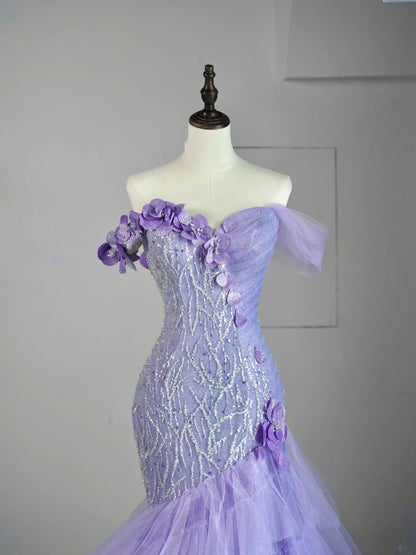 Elegantes, schulterfreies, langes Meerjungfrauen-Abendkleid aus lila Tüll – perfekt für Partys, den 22. Geburtstag oder als Abschlusskleid (N863).