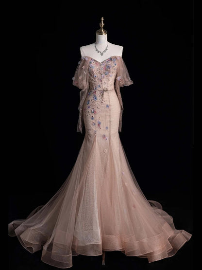Robe de bal longue en tulle rose poudré, épaules dénudées, style sirène, N866