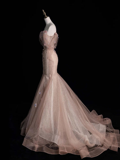 Robe de bal longue en tulle rose poudré, épaules dénudées, style sirène, N866