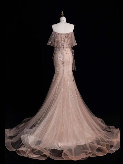 Robe de bal longue en tulle rose poudré, épaules dénudées, style sirène, N866