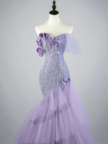 Elegantes, schulterfreies, langes Meerjungfrauen-Abendkleid aus lila Tüll – perfekt für Partys, den 22. Geburtstag oder als Abschlusskleid (N863).