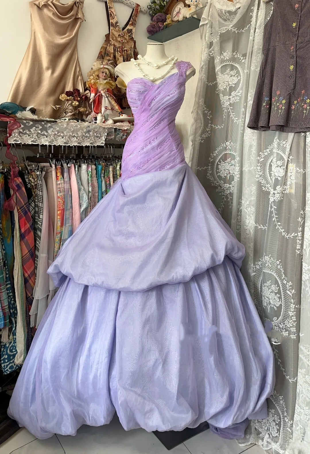 Classy Ball Gown One Shoulder Lilac With Beaded Pleated 2000s Long Prom Dresses Formal Gowns N857