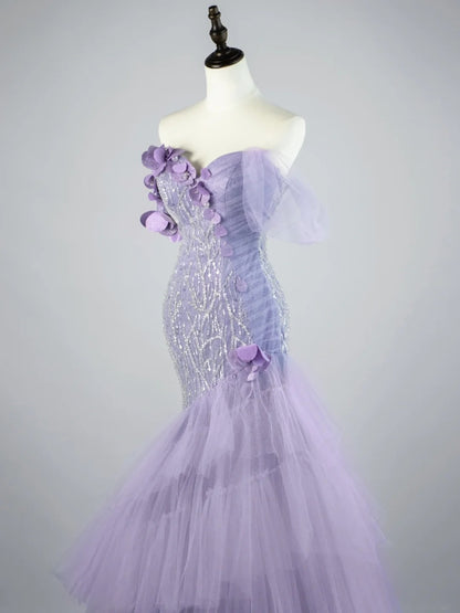 Elegantes, schulterfreies, langes Meerjungfrauen-Abendkleid aus lila Tüll – perfekt für Partys, den 22. Geburtstag oder als Abschlusskleid (N863).