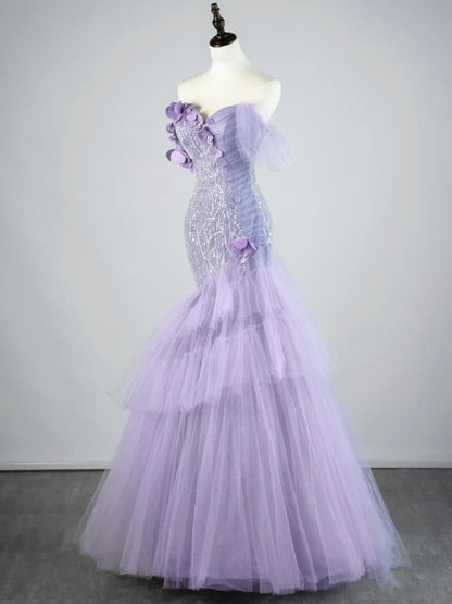 Elegantes, schulterfreies, langes Meerjungfrauen-Abendkleid aus lila Tüll – perfekt für Partys, den 22. Geburtstag oder als Abschlusskleid (N863).