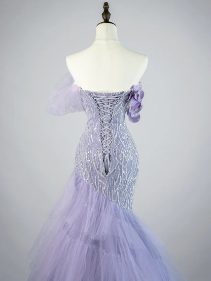 Elegantes, schulterfreies, langes Meerjungfrauen-Abendkleid aus lila Tüll – perfekt für Partys, den 22. Geburtstag oder als Abschlusskleid (N863).