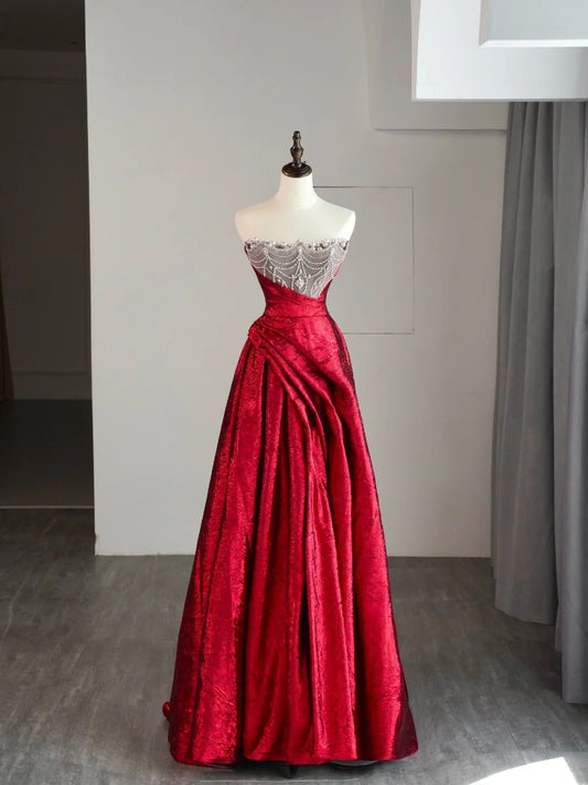 Elegantes, trägerloses, langes Ballkleid im Retro-Stil der 1950er Jahre aus rotem Satin, Abendkleid N869