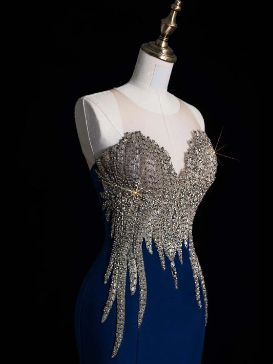 Elegantes, königsblaues, langes Meerjungfrauen-Abendkleid aus Satin mit Herzausschnitt – auch als Partykleid zum 22. Geburtstag oder Abschlusskleid geeignet (Modell N871).