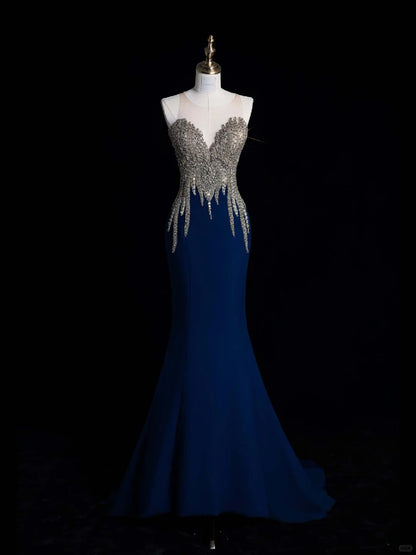 Robe de bal longue en satin bleu roi, coupe sirène, décolleté cœur, style modeste. Idéale pour une soirée, un 22e anniversaire ou une remise de diplôme (N871).