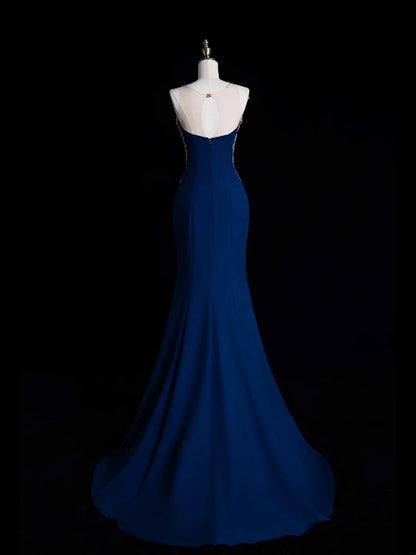Robe de bal longue en satin bleu roi, coupe sirène, décolleté cœur, style modeste. Idéale pour une soirée, un 22e anniversaire ou une remise de diplôme (N871).