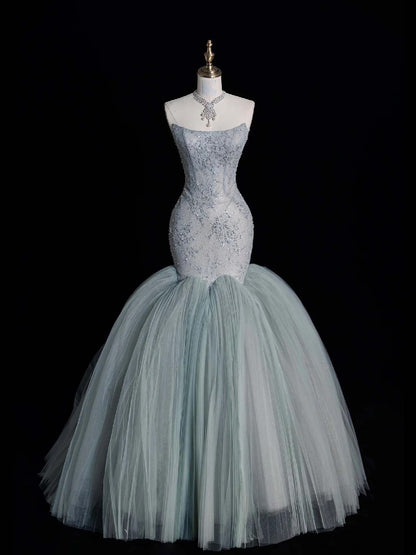 Elegantes, trägerloses, langes Meerjungfrauen-Abendkleid aus staubgrünem Tüll, ideal für Partys, den 22. Geburtstag oder als Abschlusskleid (N872).