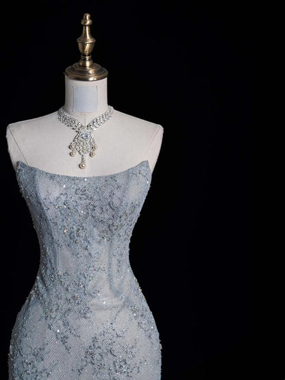 Elegantes, trägerloses, langes Meerjungfrauen-Abendkleid aus staubgrünem Tüll, ideal für Partys, den 22. Geburtstag oder als Abschlusskleid (N872).