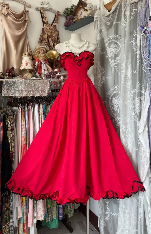 Robe de bal élégante sans bretelles en mousseline rouge, longueur thé, style années 2000, référence N874