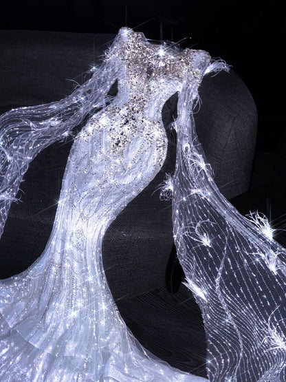 Märchenhaftes Fantasy-Hochzeitskleid im Meerjungfrauenstil mit Pailletten und perlenbesetztem Oberteil, langes Brautkleid, figurbetontes Brautkleid N862