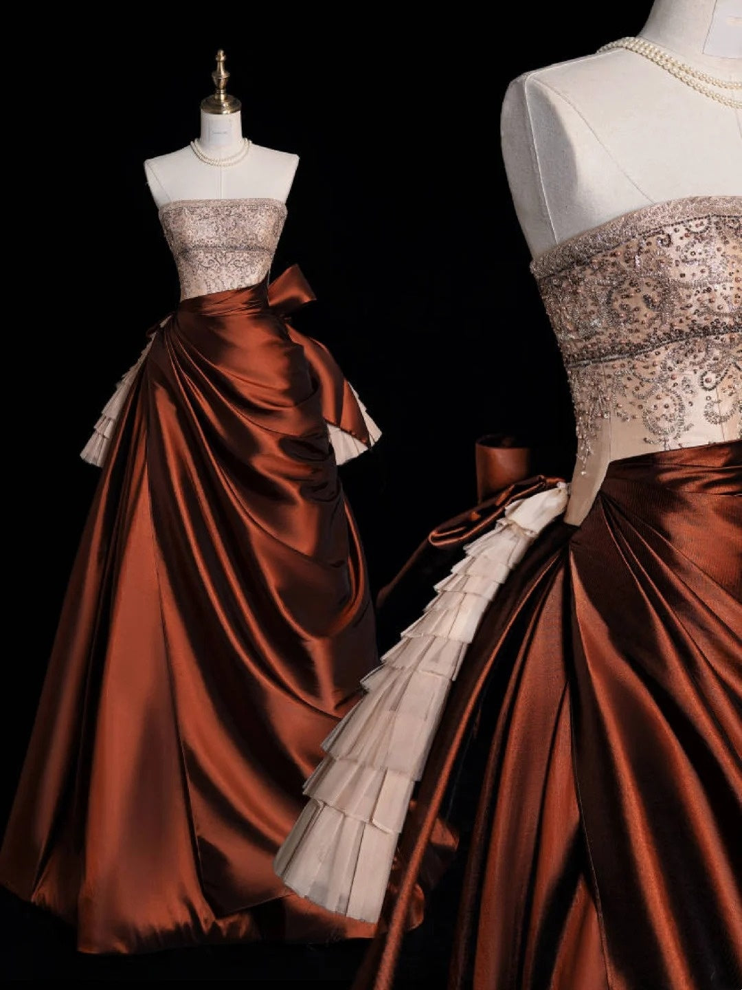 Elegantes, trägerloses, plissiertes, perlenbesetztes langes Ballkleid aus Satin, ideal für Abschlussball, Party oder 21. Geburtstag (N928).