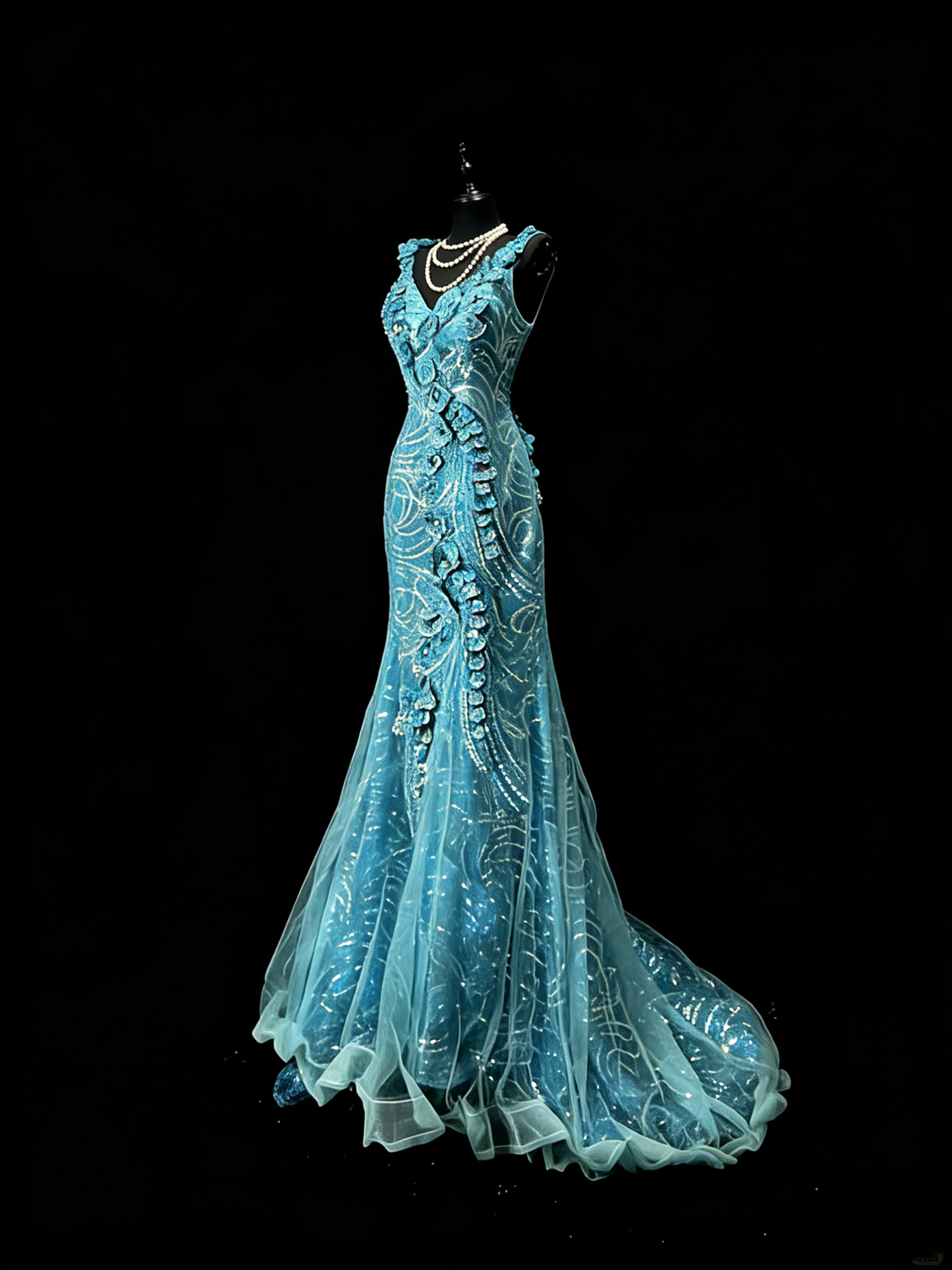 Elegantes Meerjungfrauen-Abendkleid mit V-Ausschnitt, blauer Paillettenspitze, langes Partykleid, Ballkleid, beeindruckendes formelles Tanzkleid für Senioren N938