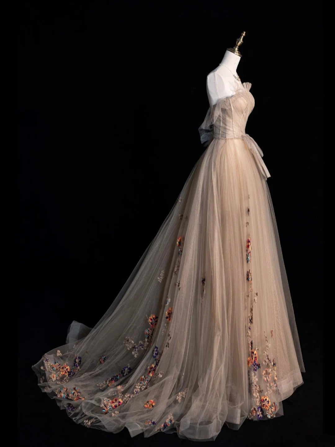 Prinzessinnen-Ballkleid, trägerlos, champagnerfarben, Tüll, langes Abendkleid, formelles Kleid N960