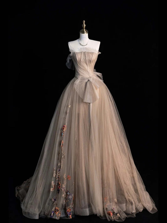 Princess Ball Gown Strapless Champagne Tulle Long Prom Dresses Evening Outfits Formal Dress N960