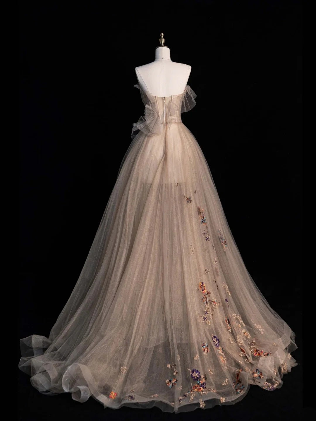 Prinzessinnen-Ballkleid, trägerlos, champagnerfarben, Tüll, langes Abendkleid, formelles Kleid N960