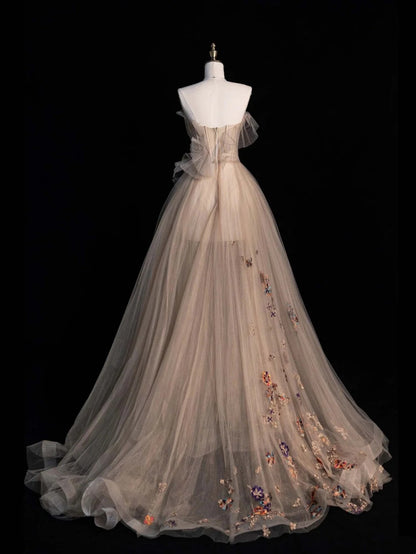 Prinzessinnen-Ballkleid, trägerlos, champagnerfarben, Tüll, langes Abendkleid, formelles Kleid N960