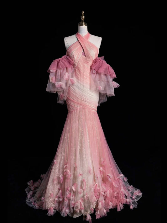 Retro Mermaid Halter Pink Tulle With Sleeves Party Dresses Prom Dresses Impress Senior Formal Dance Dress N962