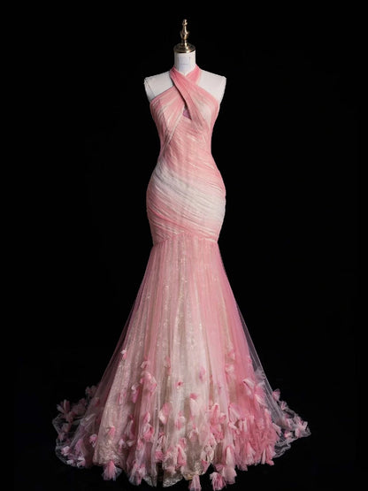 Retro-Meerjungfrauenkleid mit Neckholder, rosa Tüll und Ärmeln, Partykleid, Ballkleid, elegantes Abendkleid für Senioren, formelles Tanzkleid N962