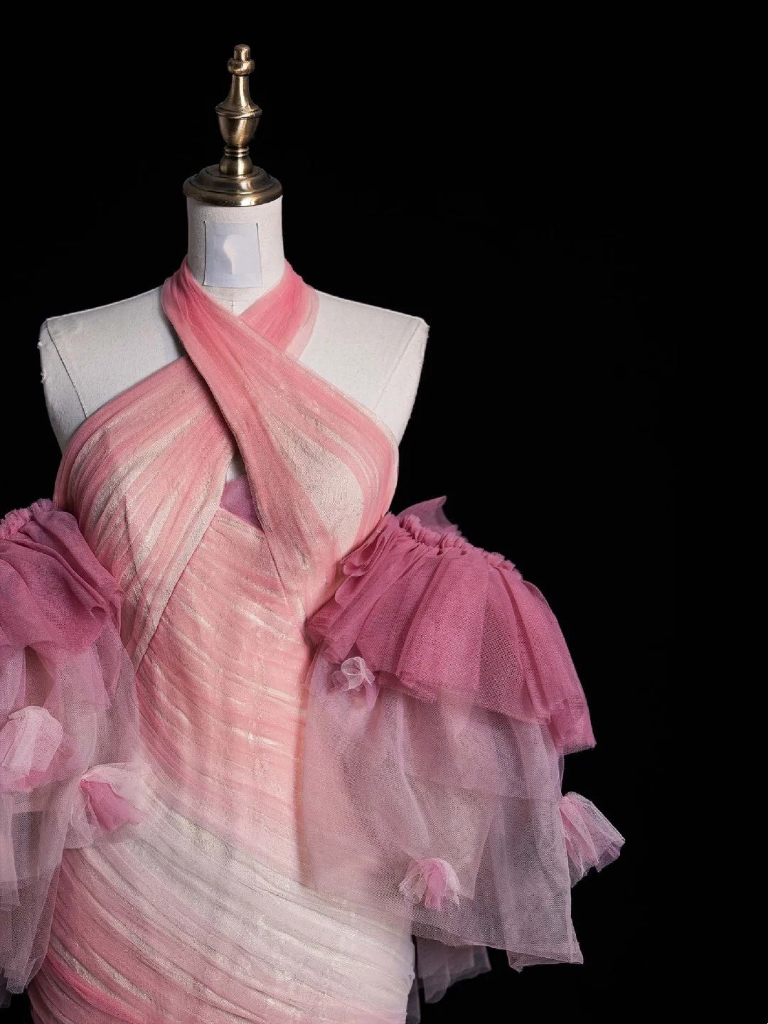 Retro-Meerjungfrauenkleid mit Neckholder, rosa Tüll und Ärmeln, Partykleid, Ballkleid, elegantes Abendkleid für Senioren, formelles Tanzkleid N962