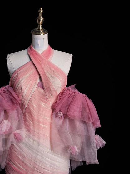 Retro-Meerjungfrauenkleid mit Neckholder, rosa Tüll und Ärmeln, Partykleid, Ballkleid, elegantes Abendkleid für Senioren, formelles Tanzkleid N962