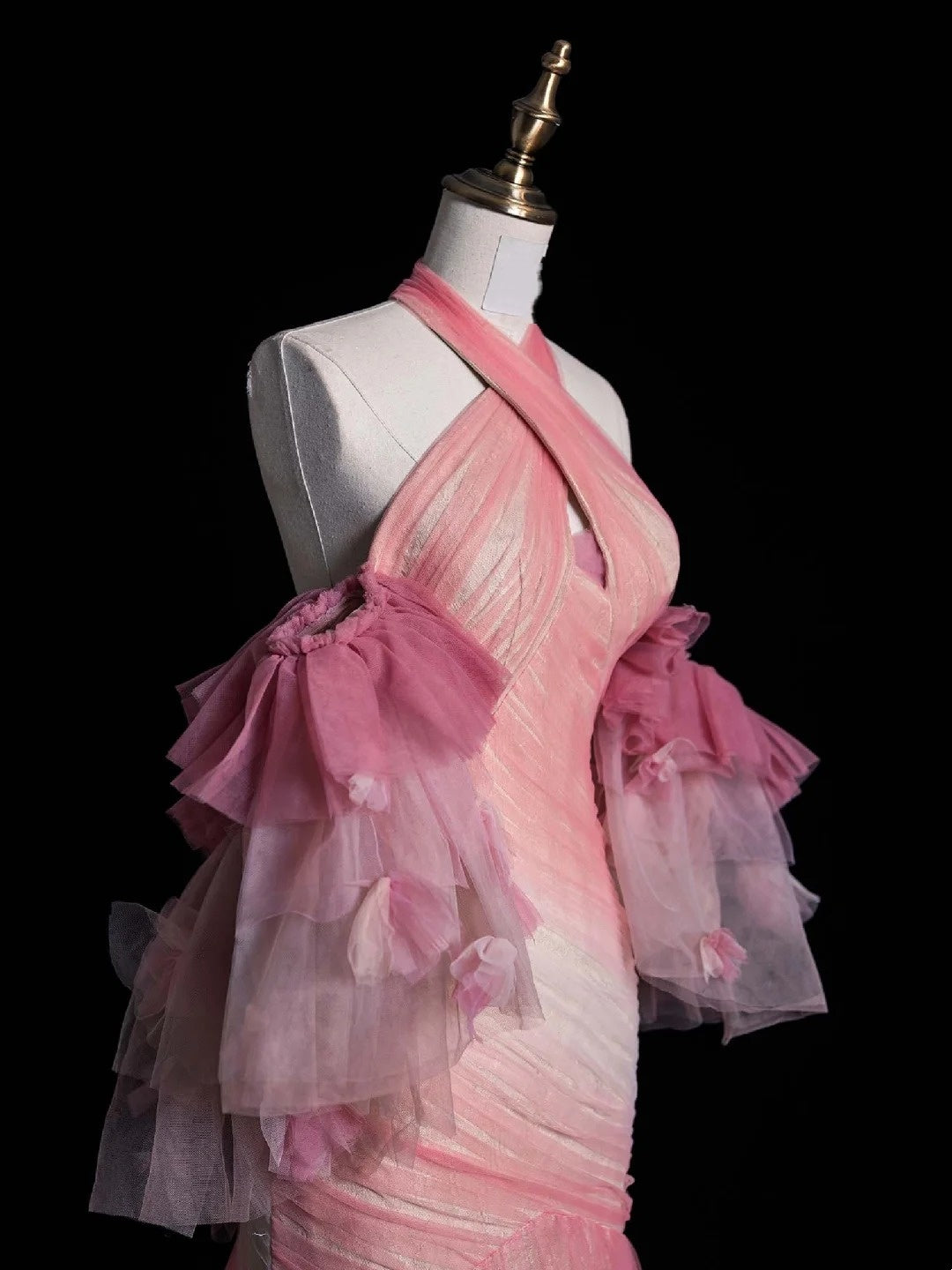 Retro-Meerjungfrauenkleid mit Neckholder, rosa Tüll und Ärmeln, Partykleid, Ballkleid, elegantes Abendkleid für Senioren, formelles Tanzkleid N962
