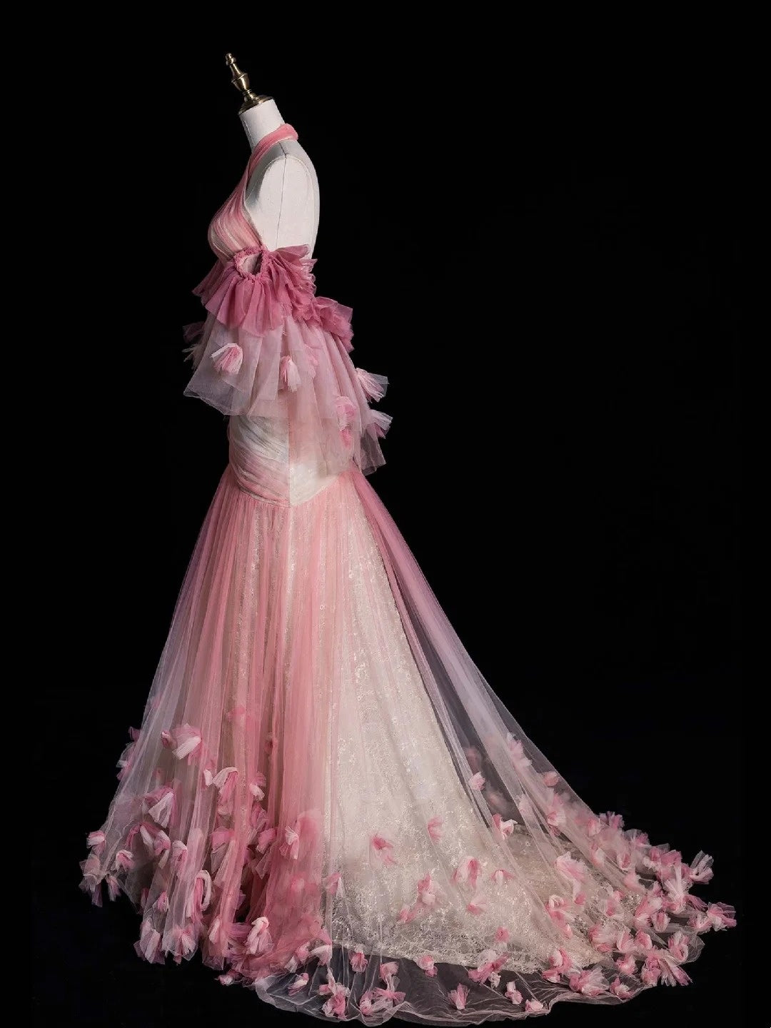 Retro-Meerjungfrauenkleid mit Neckholder, rosa Tüll und Ärmeln, Partykleid, Ballkleid, elegantes Abendkleid für Senioren, formelles Tanzkleid N962