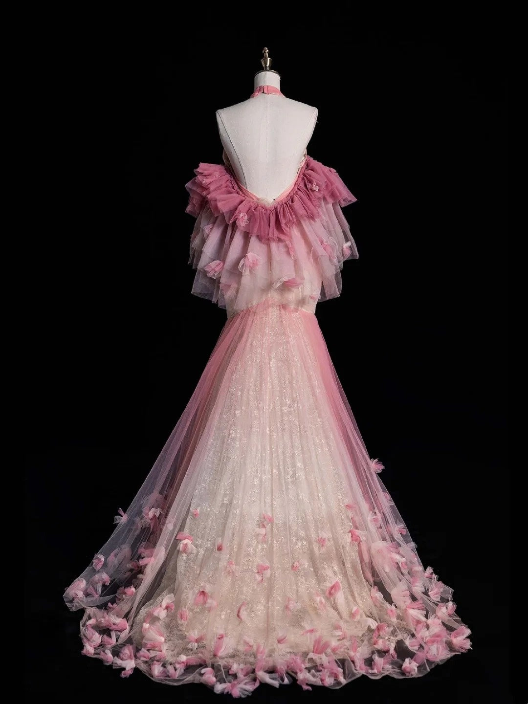 Retro-Meerjungfrauenkleid mit Neckholder, rosa Tüll und Ärmeln, Partykleid, Ballkleid, elegantes Abendkleid für Senioren, formelles Tanzkleid N962