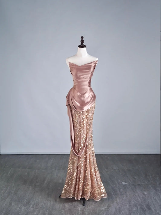 Prinzessin Meerjungfrauen-Abendkleid mit Pailletten, rosa Satin, langes Ballkleid, formelles Kleid N964