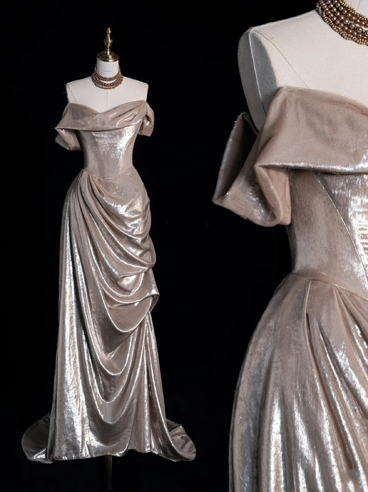 Prinzessin Meerjungfrau schulterfreies champagnerfarbenes langes Ballkleid, Abendgarderobe, formelles Kleid N963