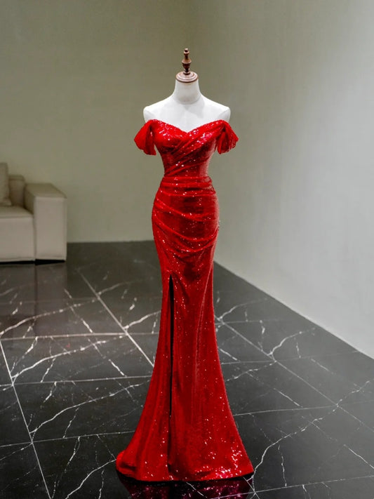 Sexy Meerjungfrauen-Abendkleid mit schulterfreiem Ausschnitt, roten Pailletten und Ärmeln, langes Ballkleid, formelles Kleid N942
