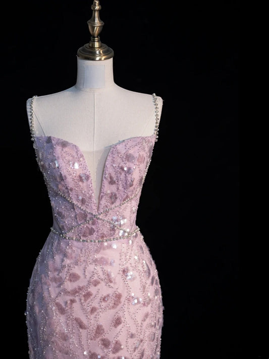 Funkelndes Meerjungfrauen-Kleid mit Spaghettiträgern, lila Pailletten, langes Partykleid, Ballkleid, elegantes Abendkleid N943