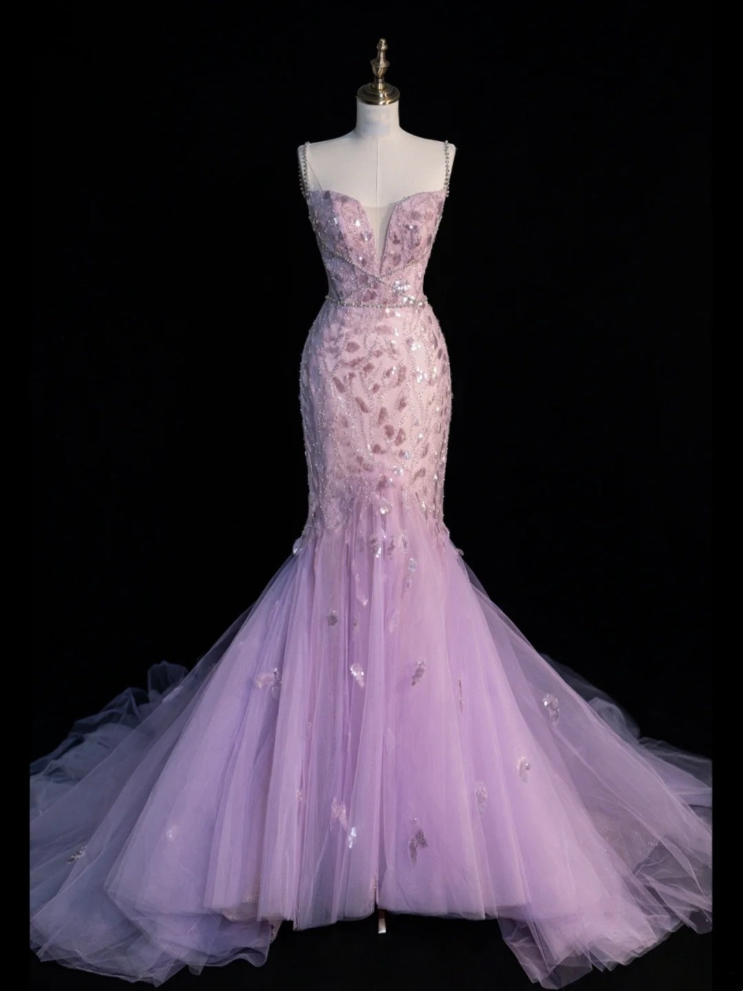 Robe de soirée longue lilas à fines bretelles et sequins, style sirène, N943