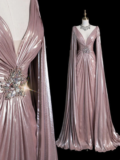 Vintage A-Linien-Abendkleid mit V-Ausschnitt, rosafarbenem Satin-Oberteil mit Perlenbesatz und Cape, langes Ballkleid, formelles Abendkleid N541